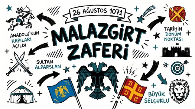 Malazgirt Zaferi hand drawn doodle set historical cultural heritage