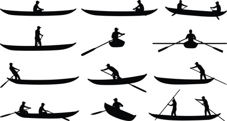 Silhouette collection of people rowing boats and canoes in various styles, isolated on a white background, for projects © MD