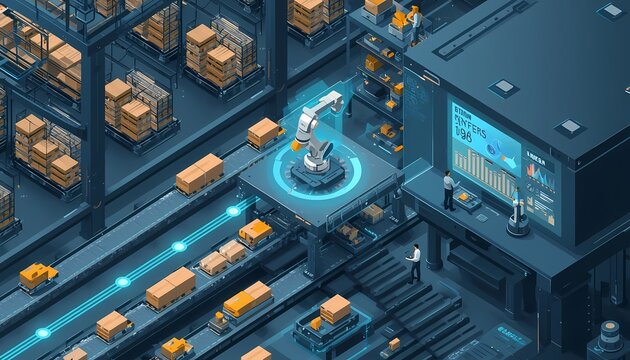 Isometric vector illustration of autonomous robotic warehouse and logistics automation