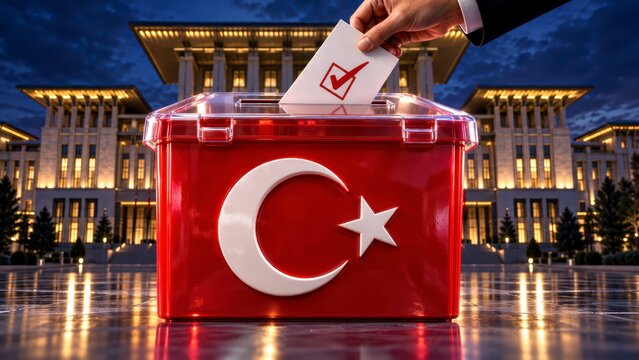 Hand casting ballot into Turkish flag box national election democracy