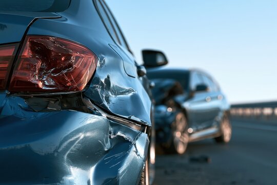 Damaged rear section of a blue sedan with visible dents and shattered taillight after a car accident on a highway during daylight hours