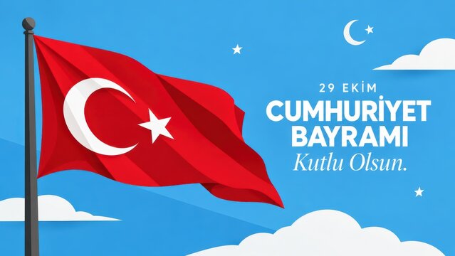 Waving Turkish flag on flagpole 29 October Republic Day national