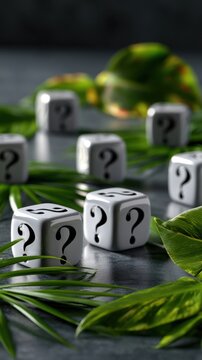 White dice with black question marks scattered among lush green tropical leaves on a dark surface symbolizing mystery and uncertainty in nature-themed setting