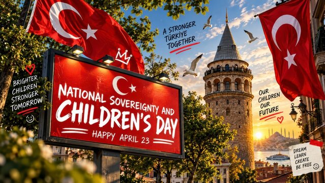 Galata Tower with Turkish flags and National Sovereignty