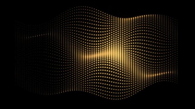Abstract gold dot wave pattern glowing on black background for digital motion design, technology concept and data visualization