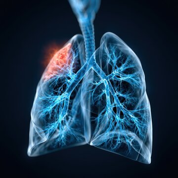 3d medical illustration of human lungs with blue bronchial tree and highlighted inflammation in the upper left lung area signaling respiratory infection or dama