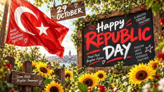 Turkish flag waving near chalkboard sign for Republic Day national