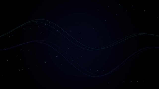 Dark abstract background with flowing wave lines and glowing particles moving across the digital cyberspace screen motion graphic