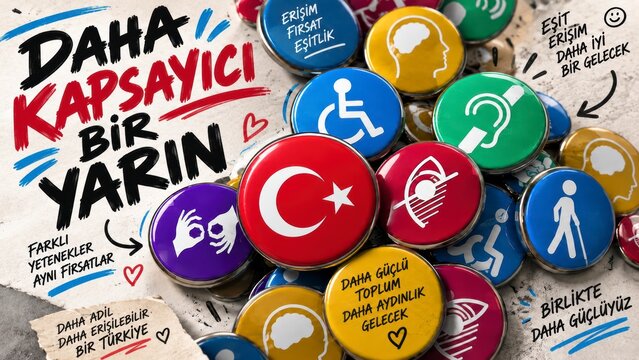 Colorful disability awareness buttons with Turkish symbols social