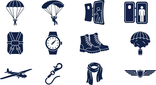 Skydiver and paratrooper equipment icons set featuring dark blue flat vector silhouettes on transparent background design