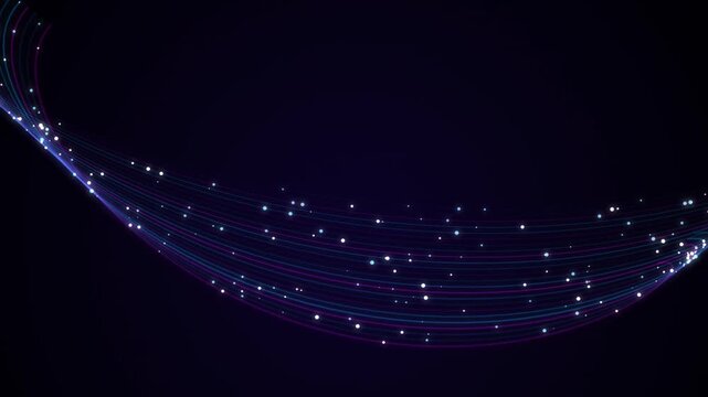 Abstract glowing light wave with sparkling particles sweeping across a dark background, dynamic motion graphics video loop