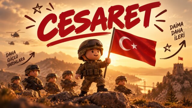 Toy soldiers holding Turkish flag on mountain national pride