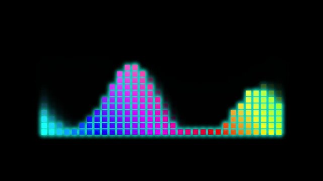 Colorful audio equalizer sound wave pulsing and glowing on black background, digital music spectrum graphic design loop motion.