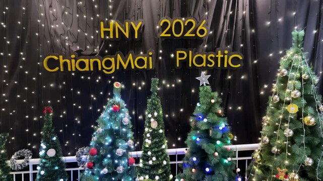 Decorated Christmas trees with fairy lights in Chiang Mai