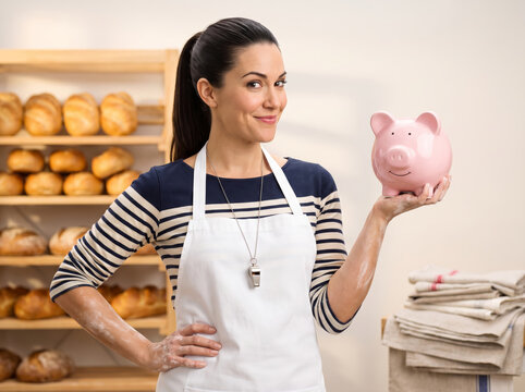 Female baker holding a pink piggy bank in a warm bakery, a humorous concept for small business financial savings and thriftiness.