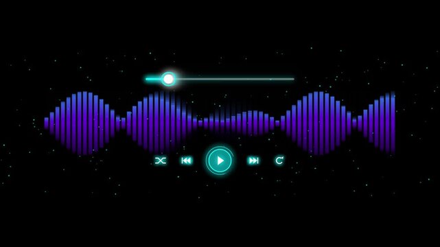 Futuristic purple audio waveform equalizer with music player controls glowing on a dark black starry background background video