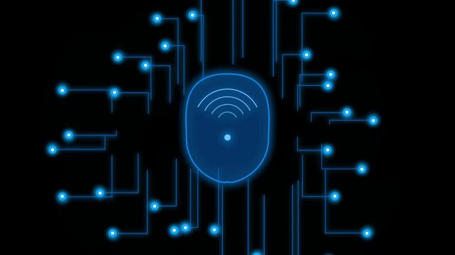 Blue digital face silhouette with glowing circuit board connections and wireless signal waves animation for futuristic concept