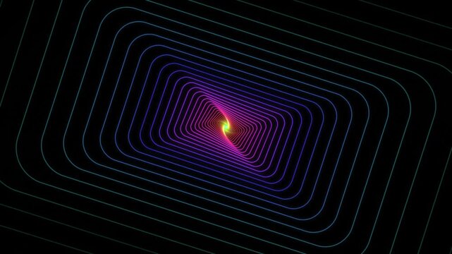 Futuristic glowing neon lines forming abstract geometric tunnel animation moving forward in endless dark cyberspace space