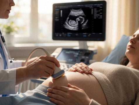 Pregnant woman on prenatal ultrasound scan in clinic. Female doctor uses medical transducer on belly to monitor fetal development. Doctor shows ultrasound monitor with foetus image during maternity