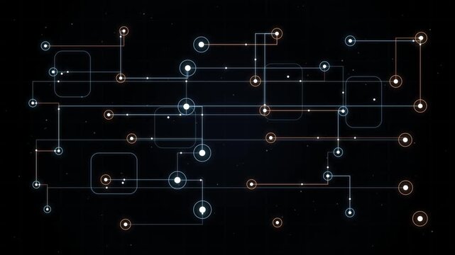 Digital circuit board connection network glowing nodes pulsing data transfer visualization abstract technology background