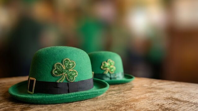  Green leprechaun hats with shamrocks on a wooden table 