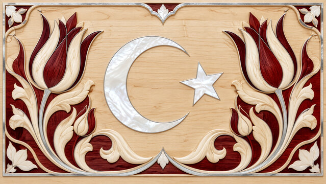 Ornate wooden panel displays Turkish crescent and star surrounded by red tulips and elegant floral carvings.
