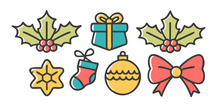 Christmas Holiday Decorative Icons and Ornaments Vector Set