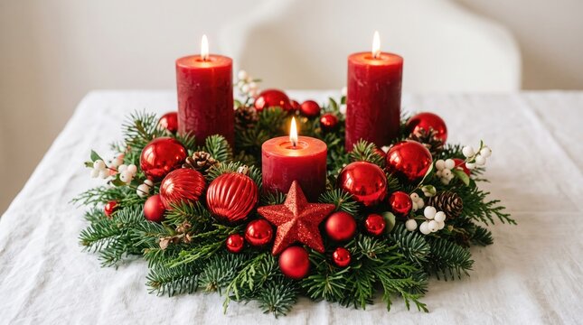 Festive advent wreath with burning candles and red berry decorations for christmas