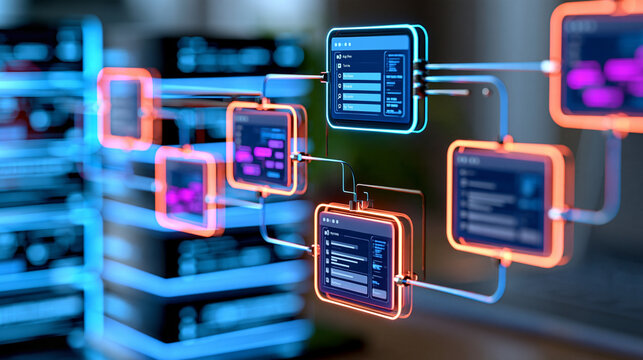 AI agentic workflow automation diagram featuring interface nodes, triggers, and data tool dashboards rendered in 3D, artificial intelligence concept, futuristic digital rendering,