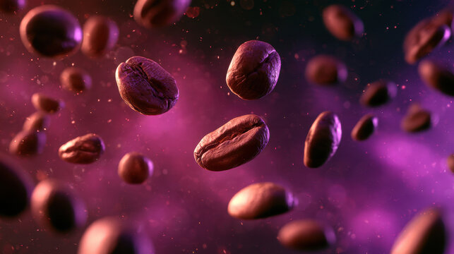 Coffee beans float in purple cosmic nebula background