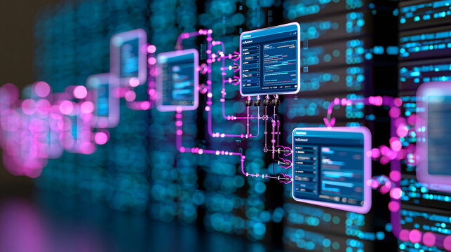 AI agentic workflow automation diagram featuring interface nodes, triggers, and data tool dashboards rendered in 3D, artificial intelligence concept, futuristic digital rendering,