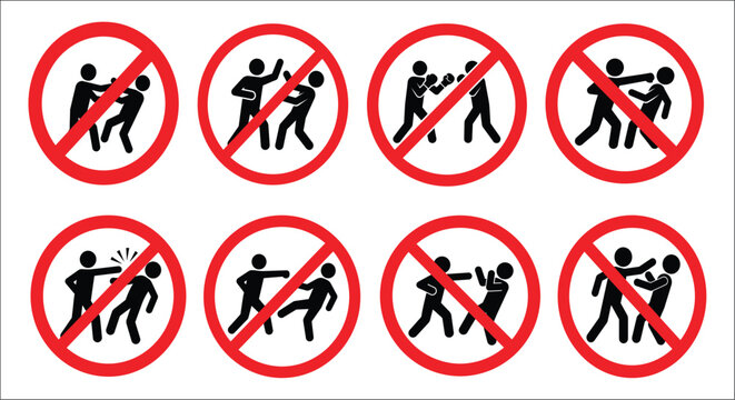 Prohibition signs depicting physical altercations are illustrated in a vector style with red circles and black silhouettes altercation assault brawl combat conflict disagreement fighting hostility