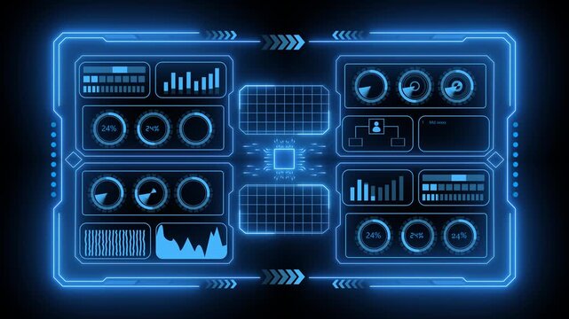 Advanced blue holographic HUD dashboard interface featuring multiple data charts and twenty one percent dials