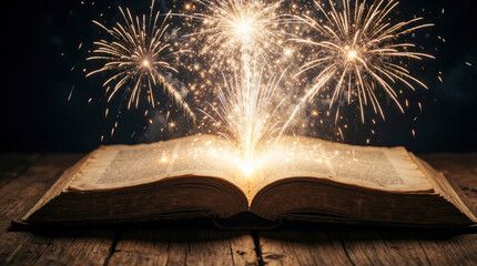 Obraz premium Open old book sits on rustic wooden table at night. Magic bright fireworks explode from pages with glowing sparkles. Fantasy light illuminates dark room. Imaginative concept of reading adventure,