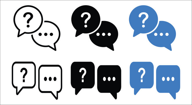 Question mark speech bubbles are displayed in varying styles and colors representing communication and inquiry dialog doubt enquiry help icon interrogation message questioning support talk