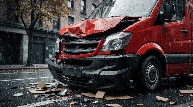 Red delivery van crashed on wet city street. Damaged vehicle with smashed front hood, broken headlight sits among debris. Rain falls on urban road after car accident. Broken glass, cardboard pieces