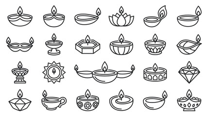 Fototapeta premium Decorative diwali oil lamp icons set featuring diverse traditional clay burner designs in black line art