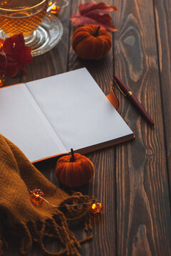 Cozy Autumn Scene Open Notebook Blank Pages Tea Cup Pumpkin Decorations Rustic Wooden Table