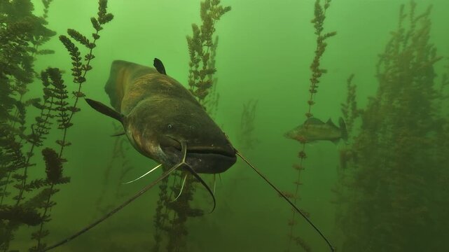 Close-up on the head of a catfish. One barbel is forked and ends in two tips. The anomaly comes either from a congenital malformation or from a cut barbel that regrew badly.