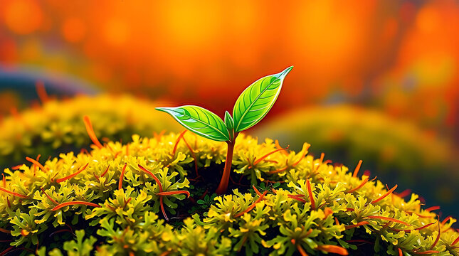 Tiny green seedling emerging from mossy ground with warm vibrant bokeh background