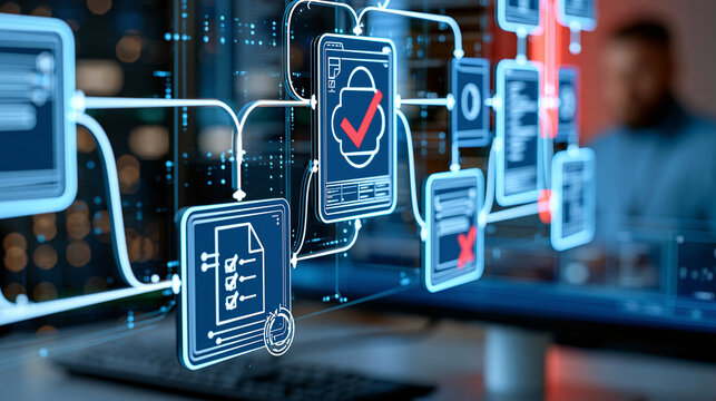 Workflow automation process diagram with glowing interface panels showing data routing and approval conditions, digital operations concept, sleek tech rendering, defocused control
