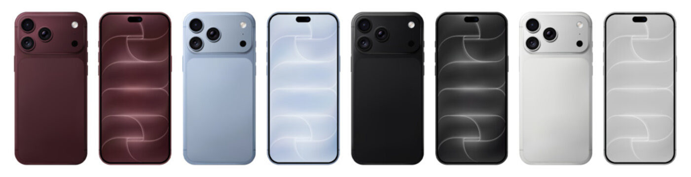Detailed red, blue, black and silver mobile phone mockup pack. Smartphone front and rear view isolated on transparent background. Vector PNG