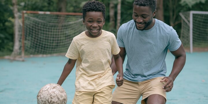 Father teaching son to play soccer during practice outdoors for youth sports banner poster and family activity background