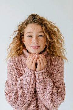 Cozy freckled girl in a chunky pink sweater holding her hands near her face for winter portrait and children's lifestyle banner