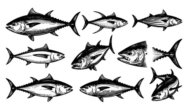 Vintage hand drawn tuna fish black ink illustrations and natural history vector set