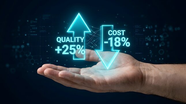 Digital Quality and Cost Comparison Concept Showing Business Performance Metrics Above Open Hand