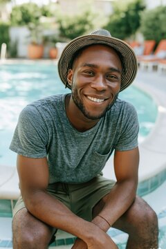Smiling man at poolside in casual t shirt and fedora hat for summer lifestyle banner and friendly portrait background design