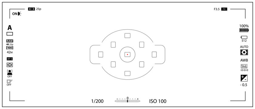 DSLR mirrorless camera rec overlay isolated on transparent bg. 21:9 recorder cam display. Video or photo recording screen. Viewfinder layout template. Vector png