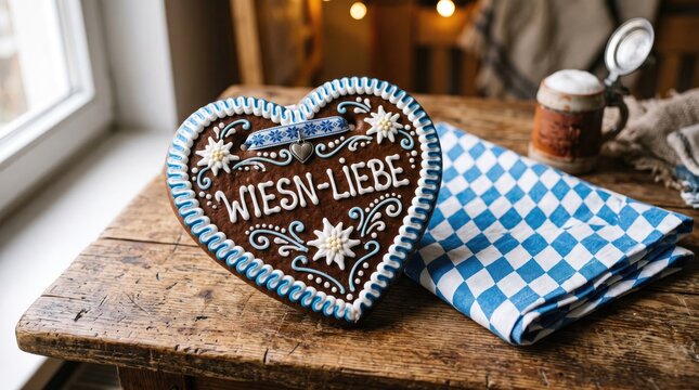 Traditional german gingerbread heart with the text wiesn liebe on a rustic wooden table with bavarian decor