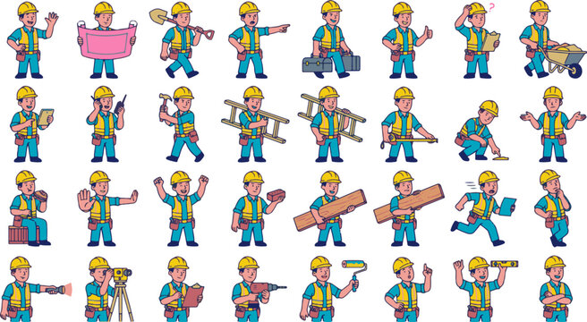 Construction worker illustrations set, various actions and poses